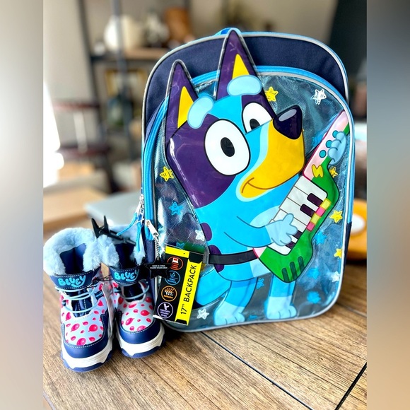 Bluey Rock Star 17" Backpack, & Toddler Kids Winter Boots with Faux Fur Trim 6 - Picture 1 of 9